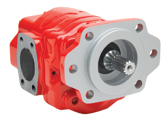 An image of the Optimum X Series gear pump that is red in color.