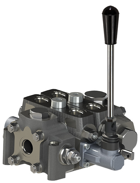 An image of the V250 Series valve stack that is gray in color with a lever on the right side of component.