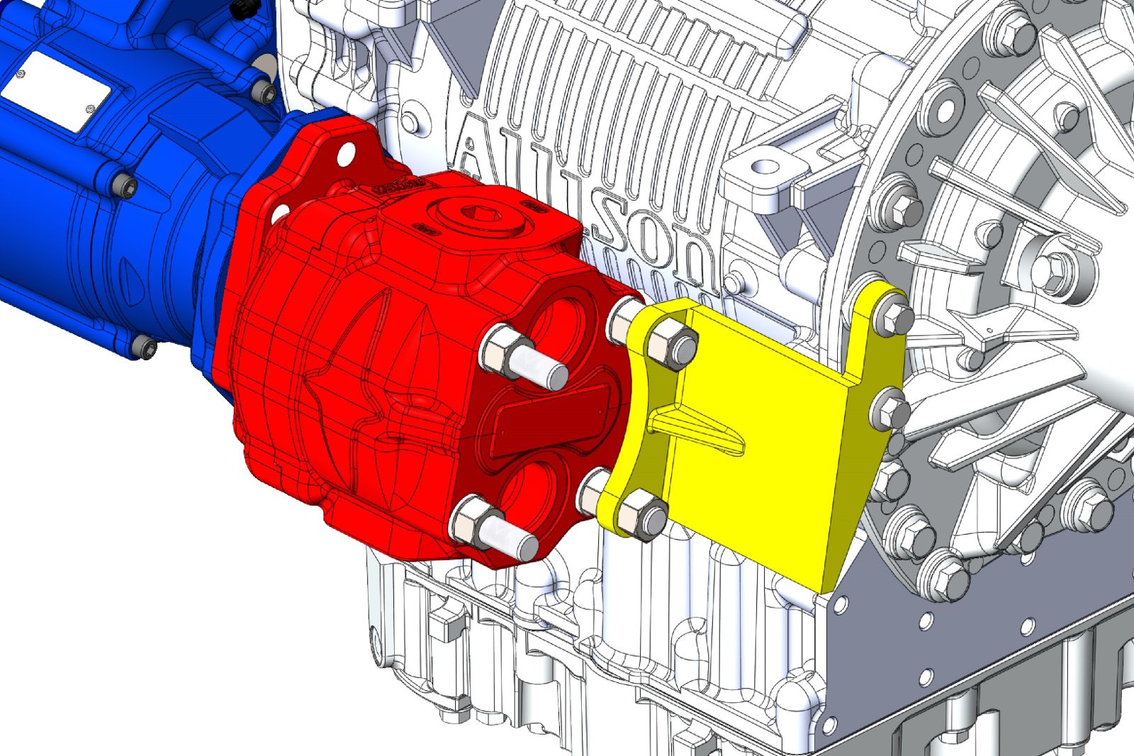The image is an example of the pump support bracket (shown in yellow) meets Muncie Power's design requirements for it to be mounted to the transmission and to the hydraulic pump.