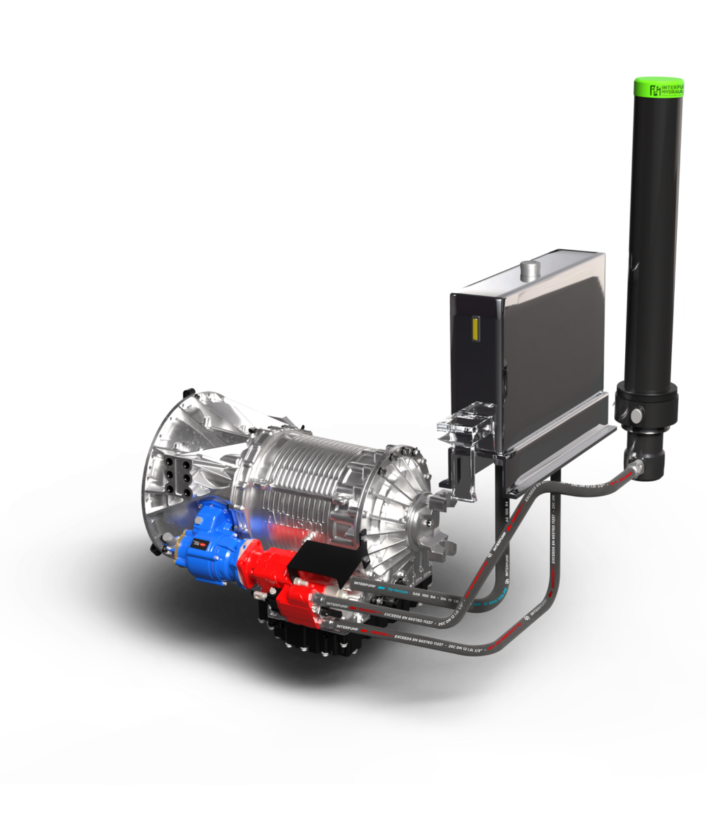 The image shows a 3D rendered hydraulic system, including a PTO mounted to a transmission, with a dump pump, hydraulic tank, cylinder, and fluid conveyance products.