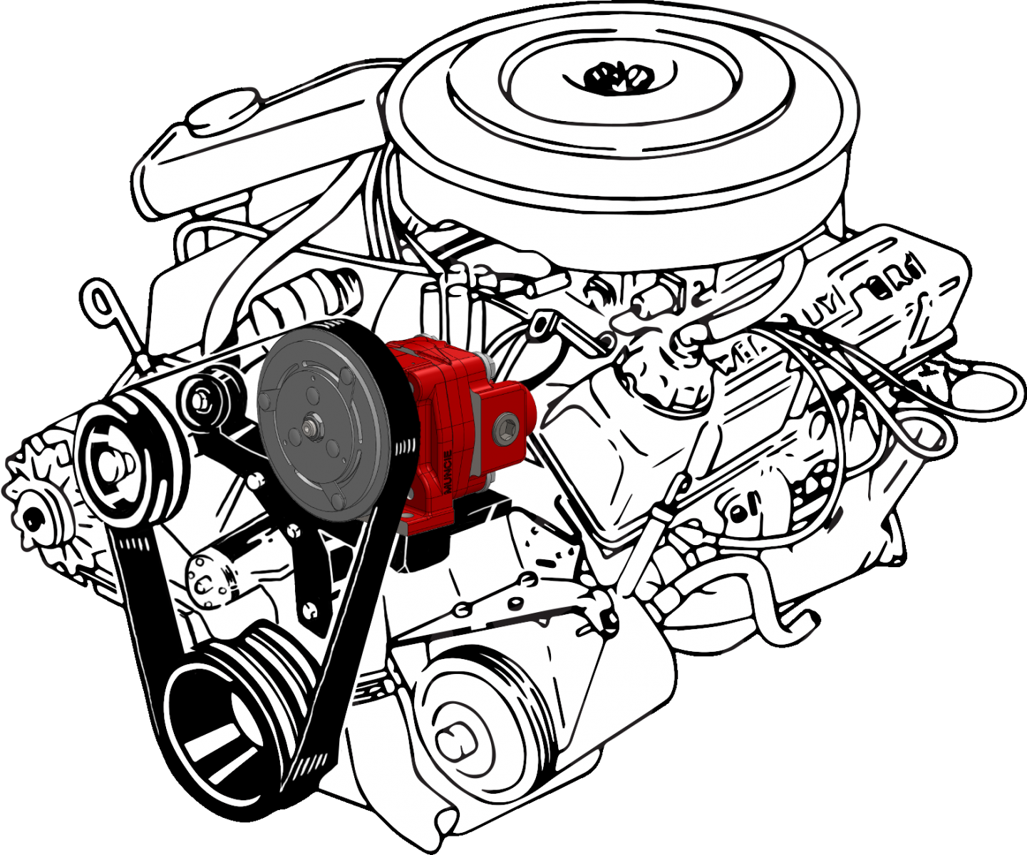 Illustration of a clutch pump with belt attached to an engine.