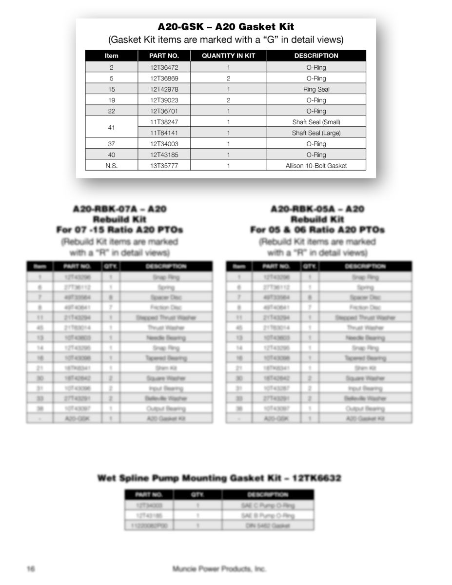 An image of the A20 Series mounting information, focusing on gasket kits, page in its service parts manual.