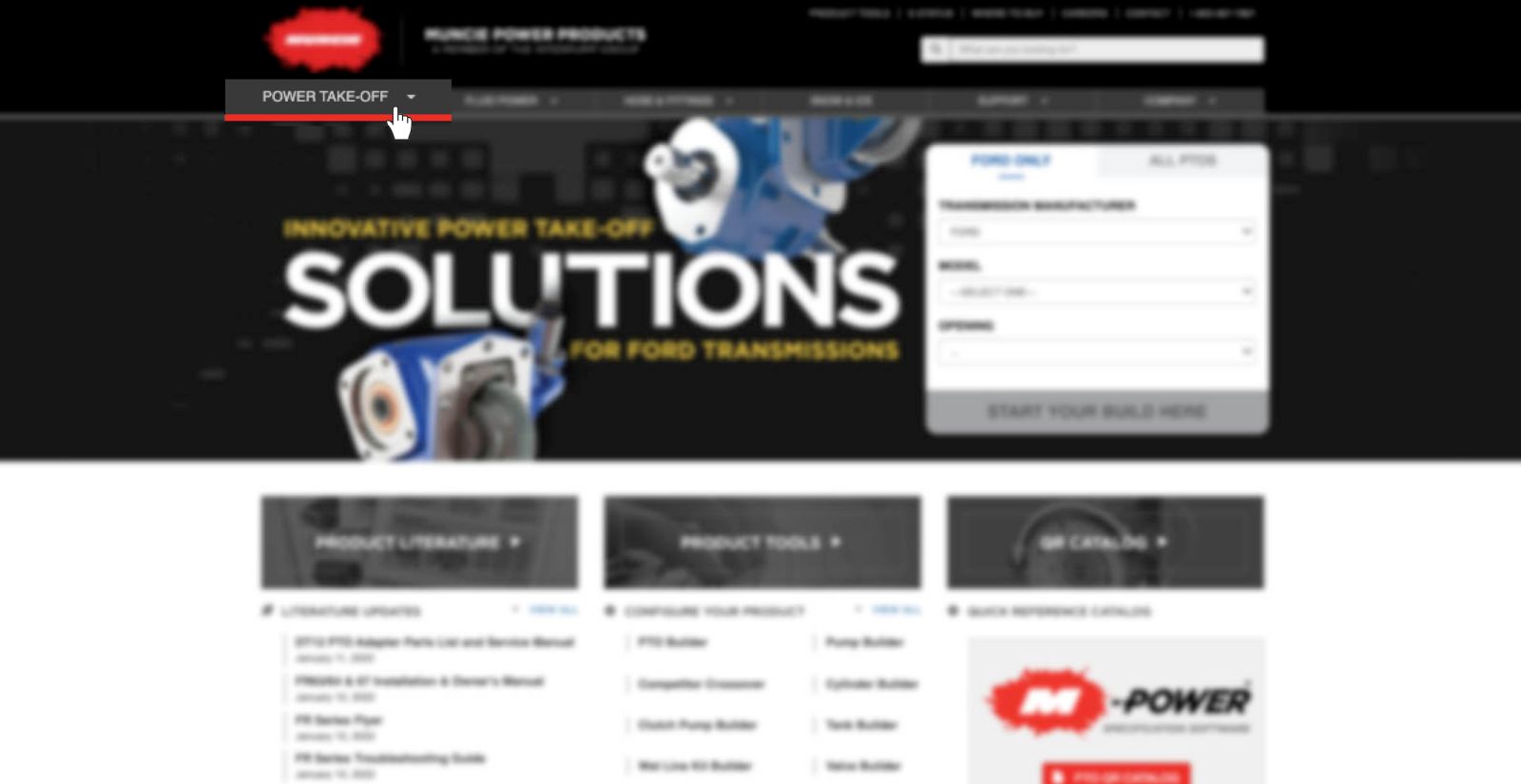 A screenshot of the home page of Muncie Power Products' website, focusing on the first tab on the left-hand side, which reads Power Take-offs.