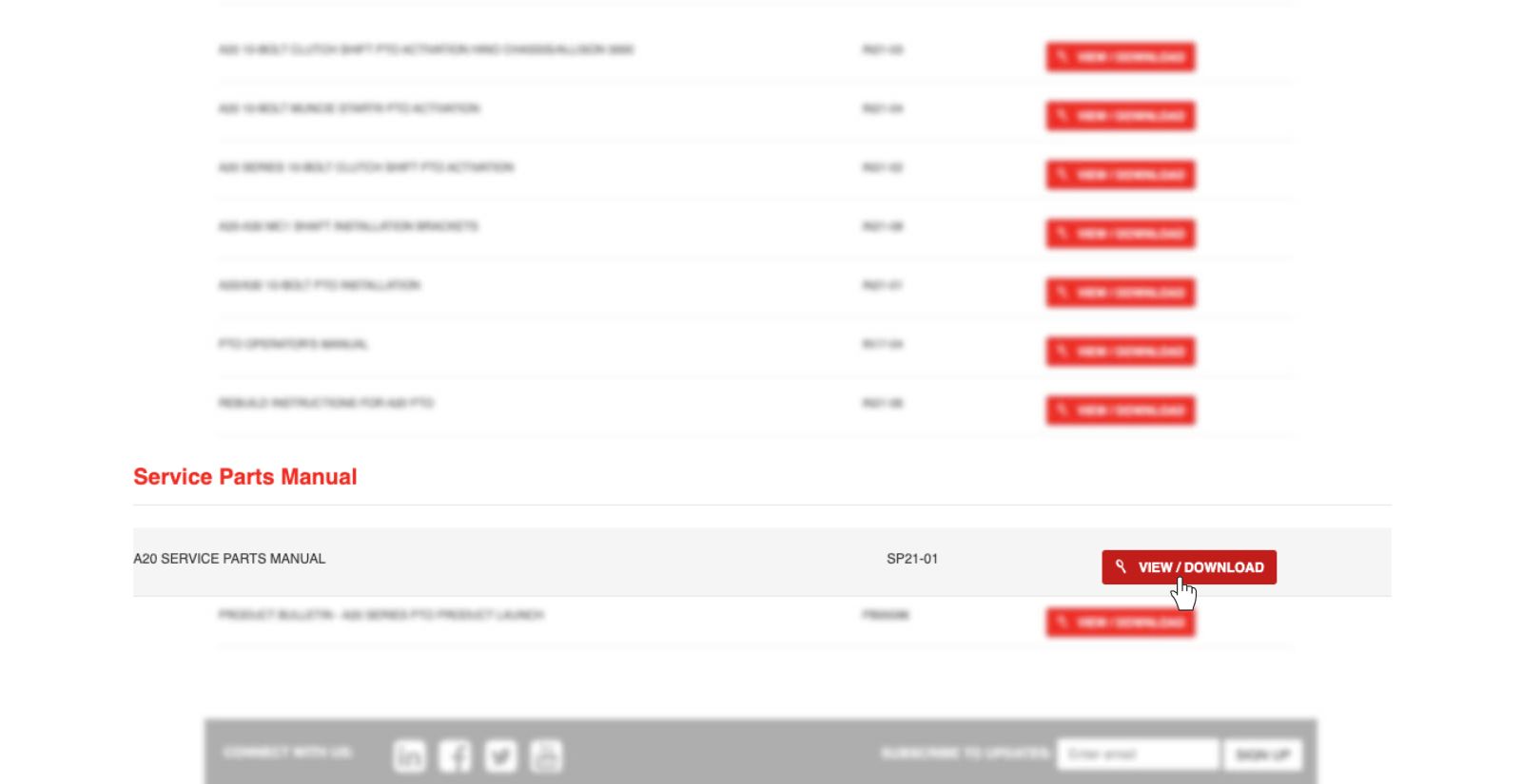 A screenshot of the A20 Series product page on Muncie Power Products' website, with a list of different pieces of literature about the A20 Series, focusing on the piece of literature called Service Parts Manual.