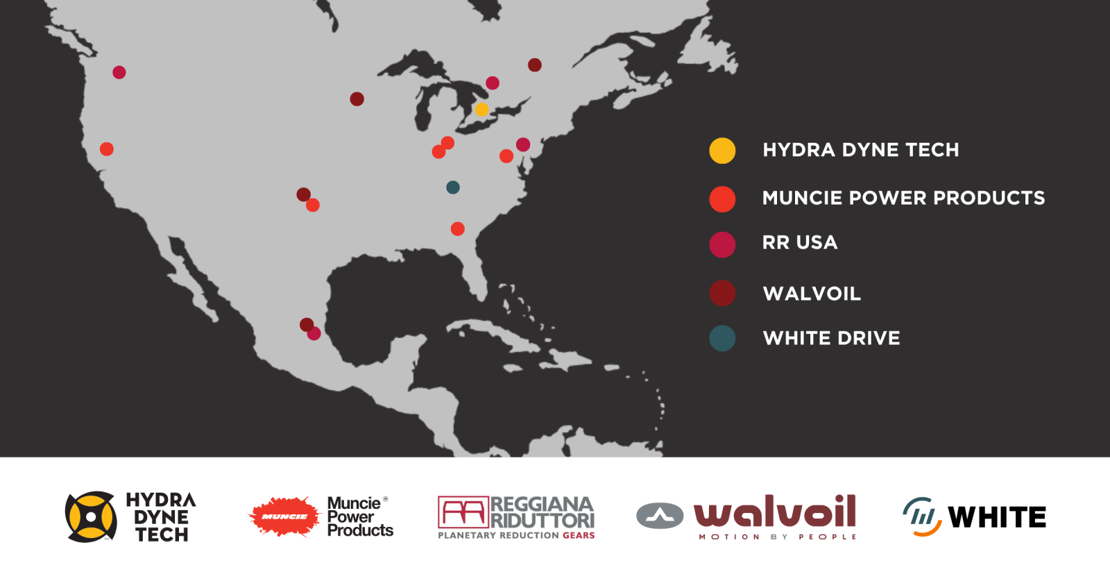 A map that shows the locations of the five companies that make up the North American Hydraulics & Power Transmissions Market for Interpump Group.