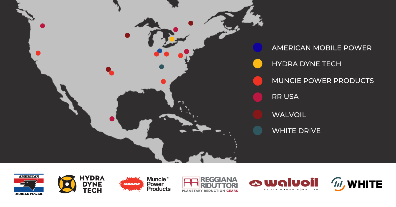 A map that shows the locations of the six companies that make up the North American Hydraulics & Power Transmissions Market.