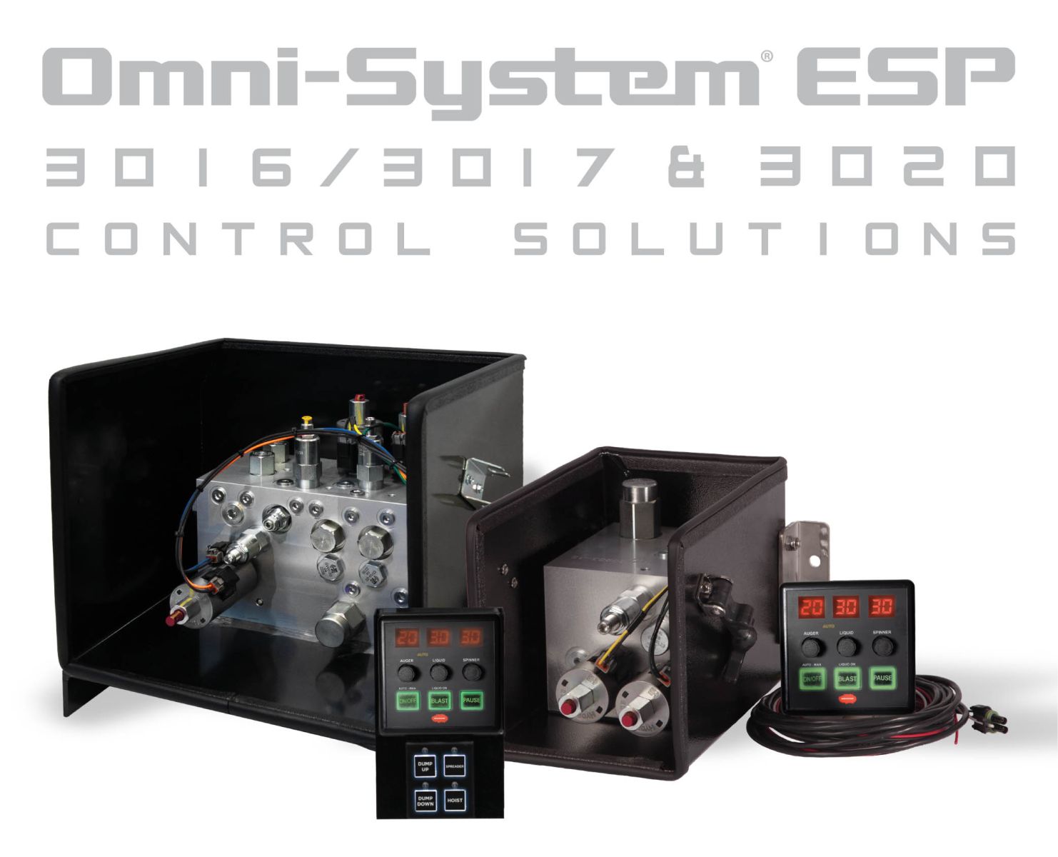 An image with the words Omni-System ESP 3016/3017 and 3020 Control Solutions above the Omni-System ESP 3016/3017 and 3020 enclosures and controllers.