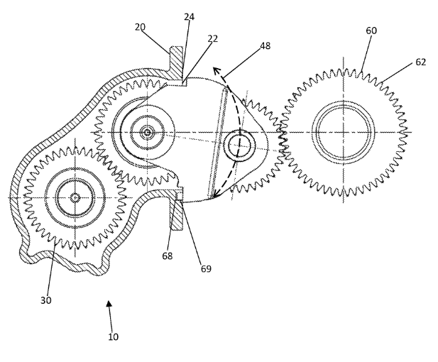 A line drawing of the patented FR6Q Series' gear rattle abatement technology