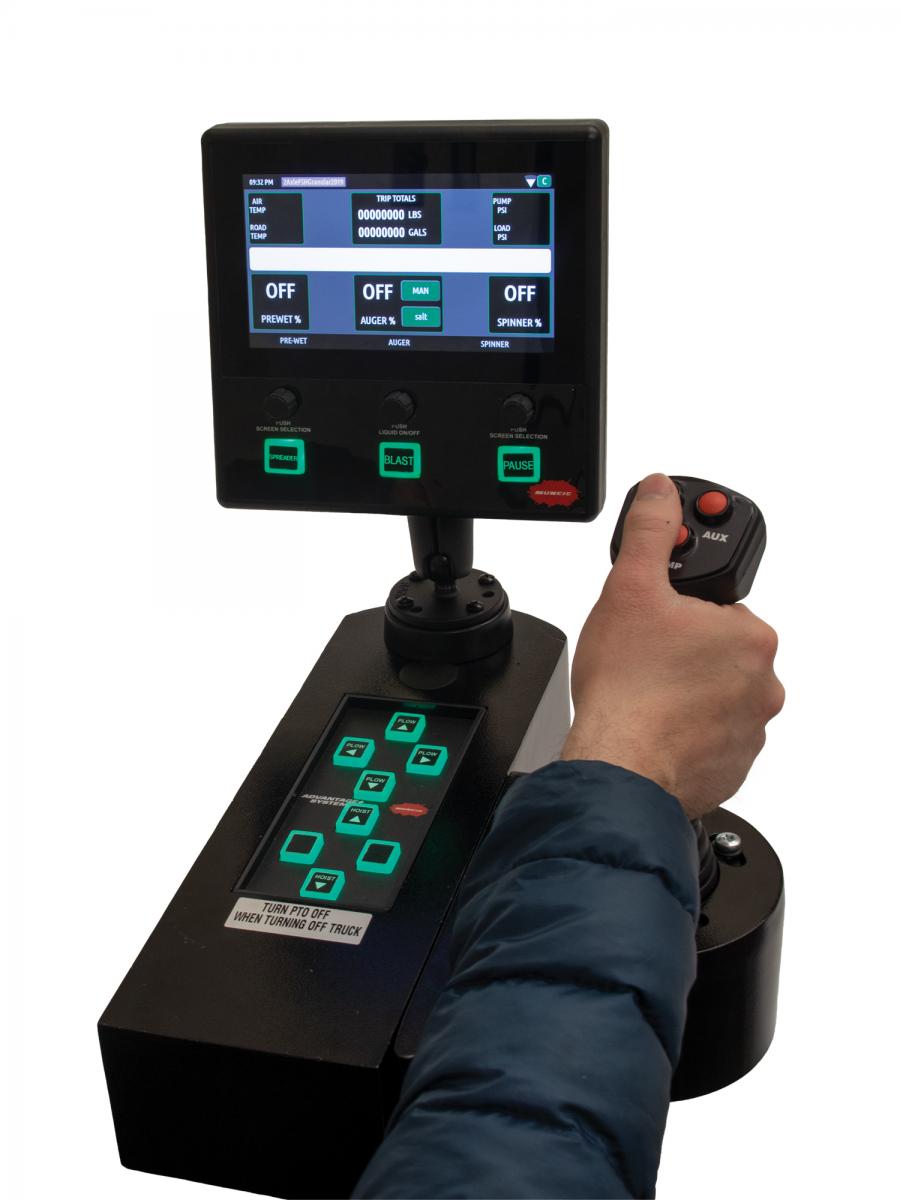 An image of the touchscreen controller and joystick controller setup featured with the Omni-System Plus.