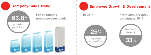 The image shows the company sales trend in the form of a bar graph from 2010 to the sales in 2014. On the other side of the image it shows, two circles that half filled in to represent the employee growth and development. The first circle says 25% of employees received a promotion and the other says that organization grew by 33% between 2010 to 2015.