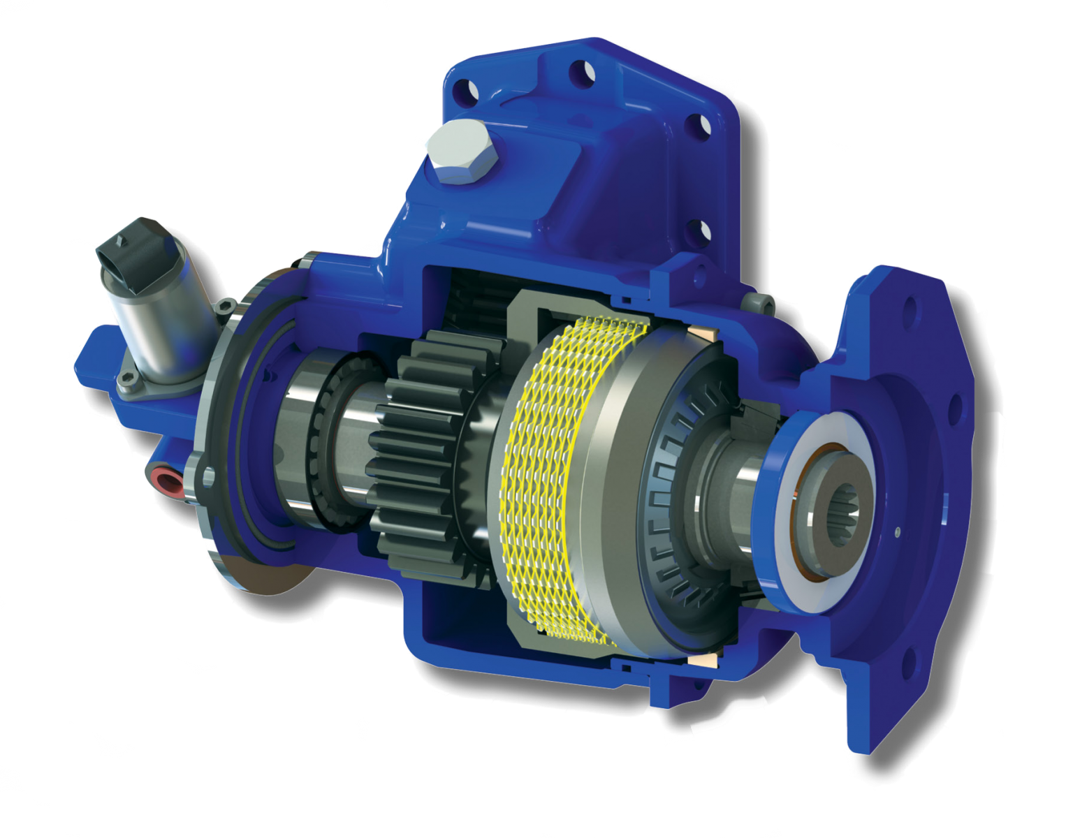 An image of a clutch shift power take-off with a cutaway showing the internal gears.