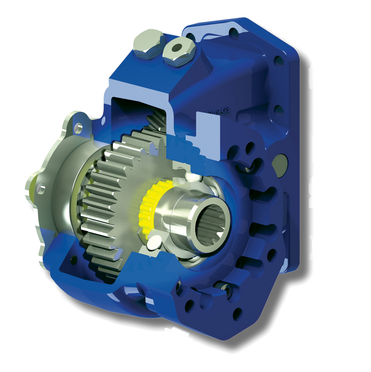 An image of a constant drive power take-off with a cutaway showing the internal gears.