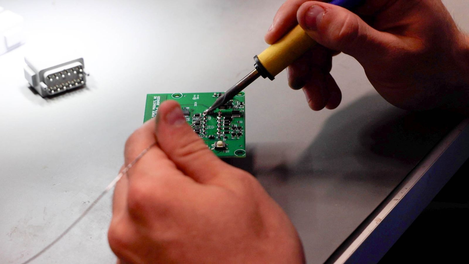 An image of soldering part of the printed circuit board assembly connection point.