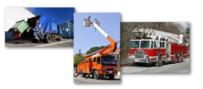 A collage of three images showing a dump truck, aerial bucket truck, and firetruck.