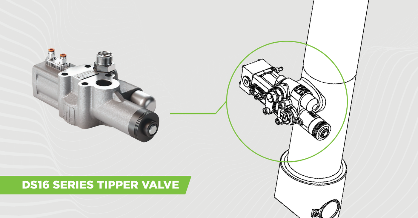 The image shows the DS16 Series tipper valve to the left. To the right of the image is a diagram of how the DS16 Series tipper valve mounts directly to the Pin-pin Cylinder with a circle and line highlighting the tipper valve.