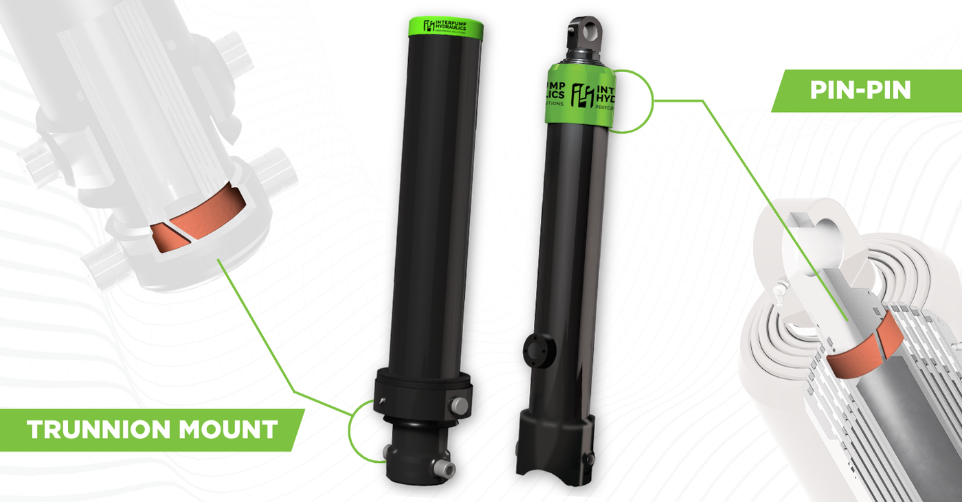 On the right of the image, there is a transparent Trunnion Mount Cylinder next to a non-transparent Trunnion Mount Cylinder with a line and circle highlighting the location of the phenolic resin sliders. To the left the image, there is a transparent Pin-pin Cylinder and a non-transparent Pin-pin Cylinder highlighting the location of the phenolic resin sliders with a line and circle.
