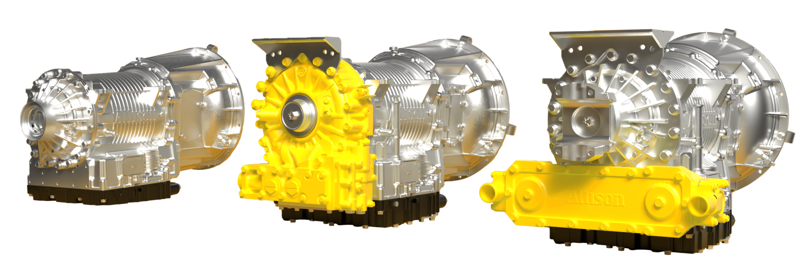 An image of the Allison 3000 RDS Series transmission with no retarder or cooler on the left, the transmission with a retarder in the center, and the transmission with a cooler on the right.